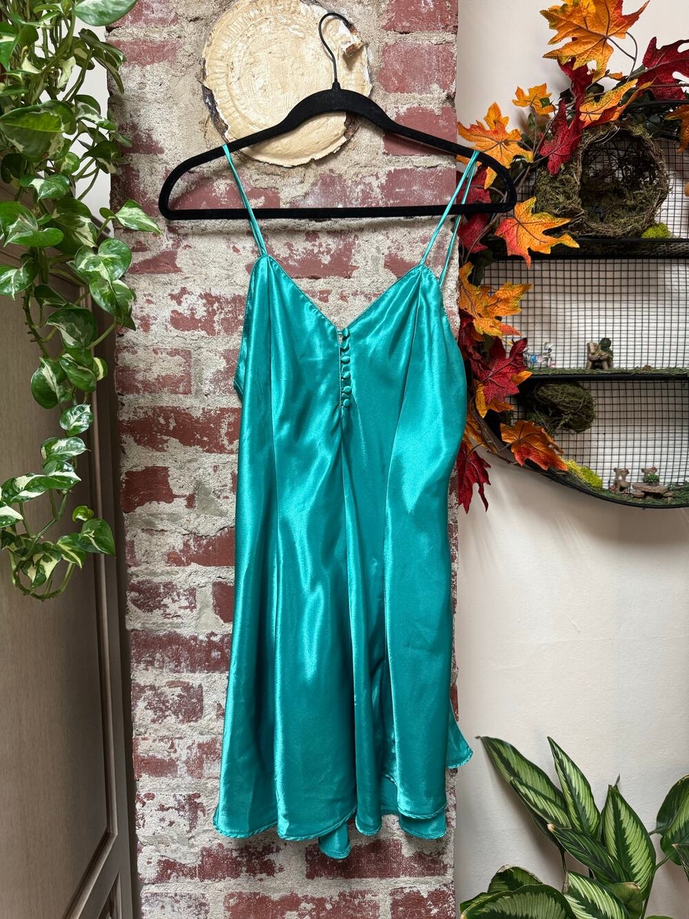 Vintage 90s Kathryn Teal Aqua Liquid Satin Slip Button Dress